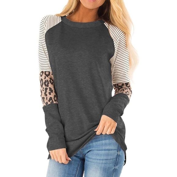 Boho Long Sleeve Leopard Gray Block Tunic Top Shirt - Picture 1 of 9